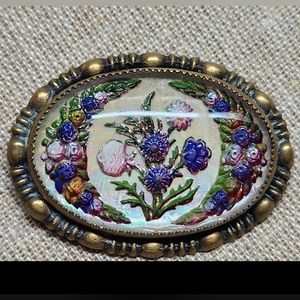 Goofus Reverse Pressed Painted Floral Basket Vintage Figural 1930s Brooch